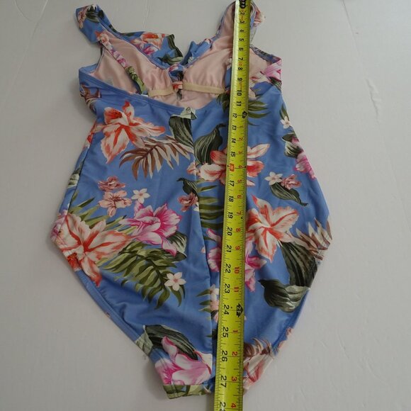 Kona Sol Blue Floral Tropical Print One Piece Swimsuit Women Size M Ruffle - Picture 11 of 12